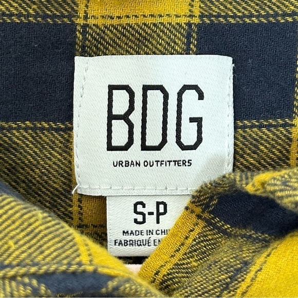 BDG Yellow and Black Plaid High Low Raw Hem Boxy Fit Long Sleeve Button Down Top - Picture 7 of 11